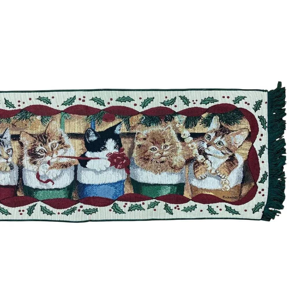 Whimsical Cozy Cats Christmas Tapestry Table Runner Kittens 13x73 Made In USA
